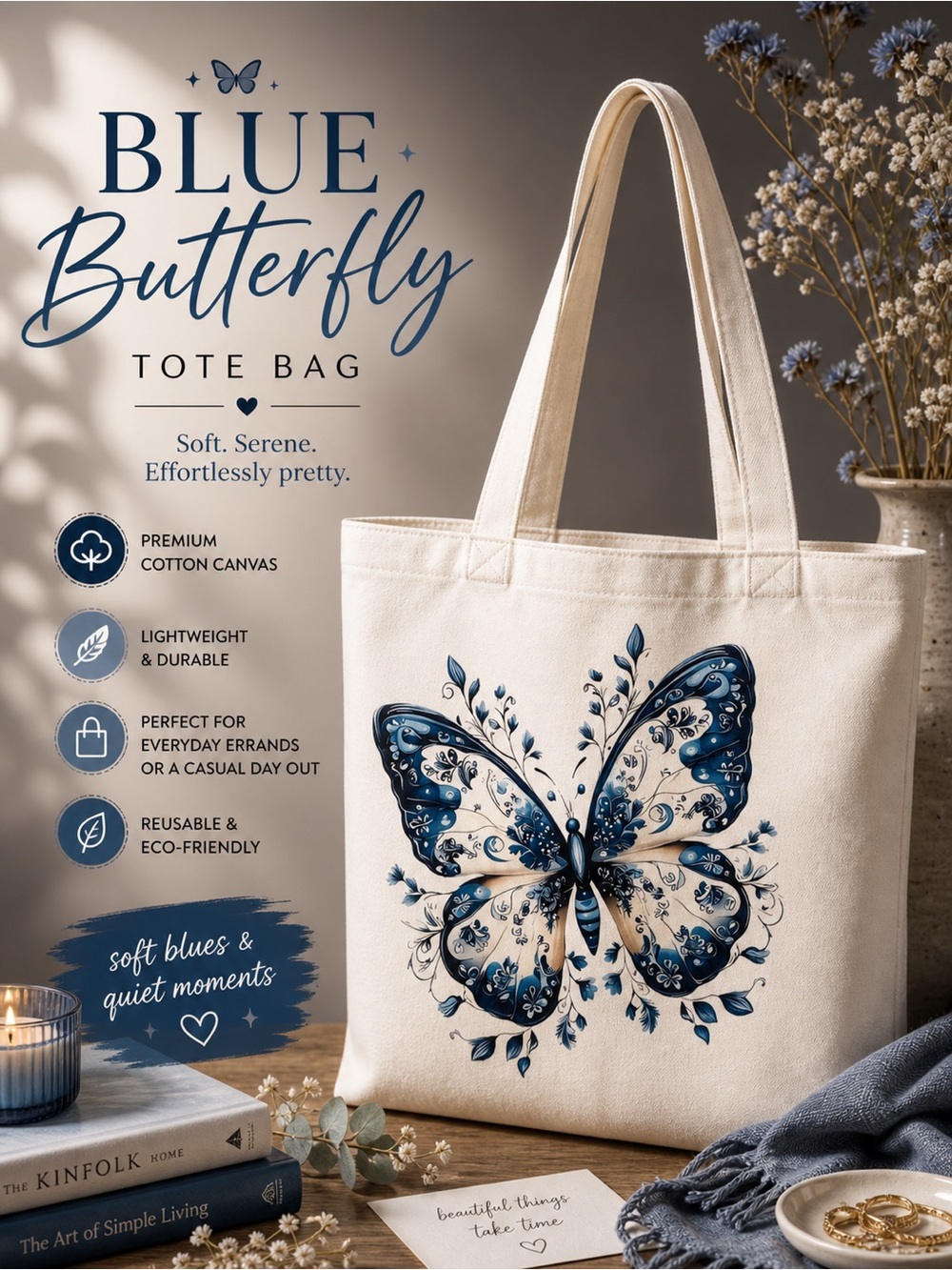 Handmade Canvas Tote Bag with Blue Butterfly Graphic - White
